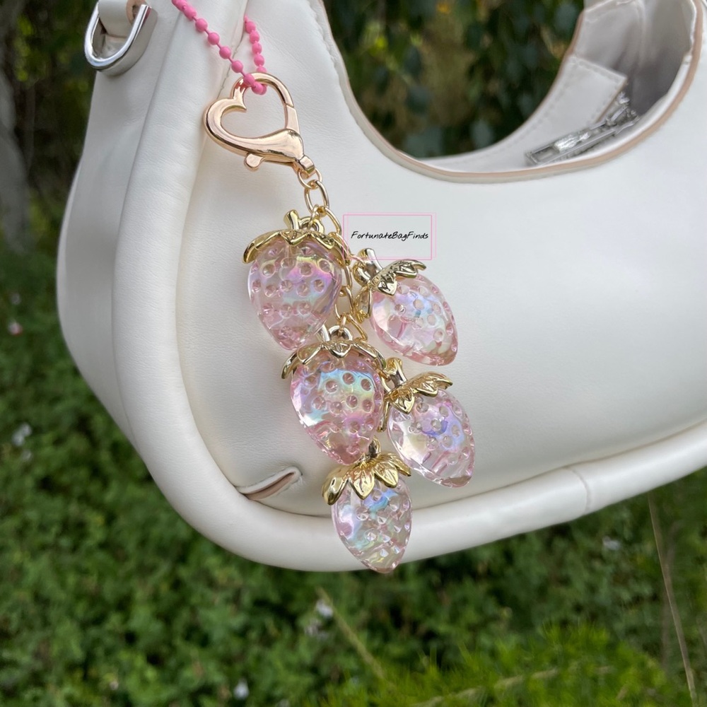 Iridescent Heart Strawberry Baby Pink Jelly Cluster Purse Bag Charm Kawaii Y2K - Picture 13 of 16